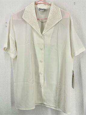Alexandria NWT White Beaded Collar Blouse Women’s Size 14 Vintage Button Up